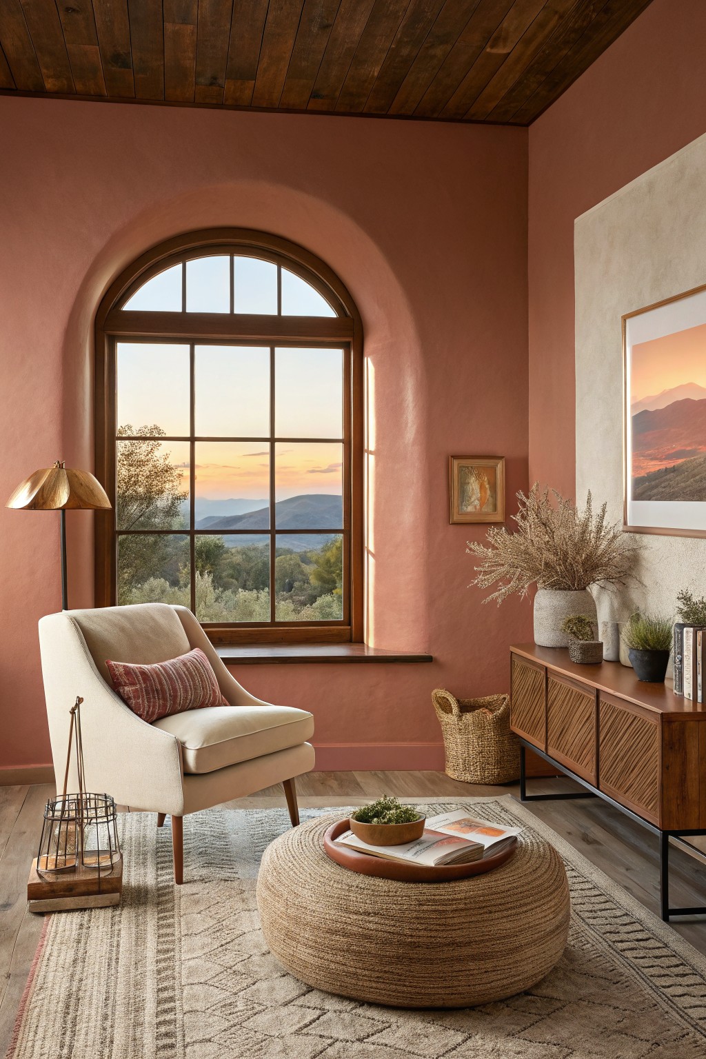 Living room with warm terracotta walls, arched window overlooking mountains at sunset, cream armchair, wood credenza, rattan pouf on patterned rug