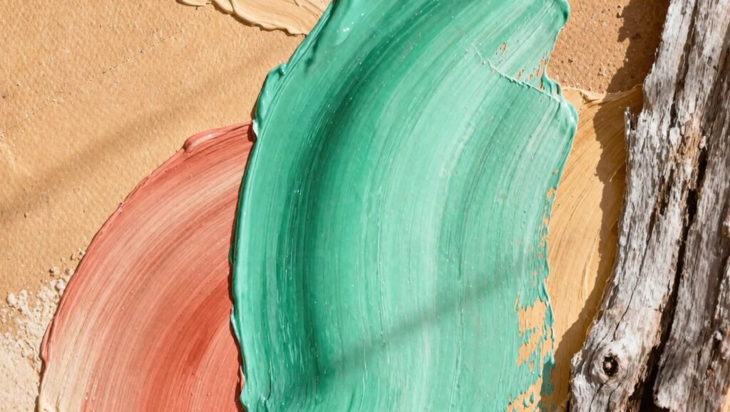 Abstract oil painting featuring thick mint green, coral, and beige impasto strokes layered around a central driftwood branch on textured canvas.