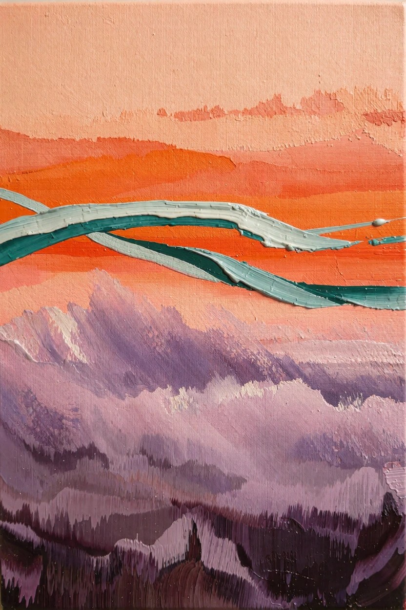 Oil painting featuring orange sunset gradients, thick teal wavy lines, and textured purple mountain layers.