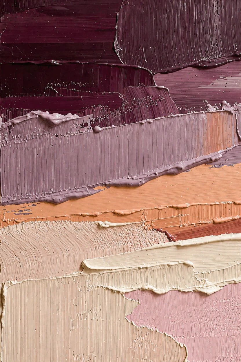 Abstract oil painting with thick impasto brushstrokes layering deep purples and maroons into oranges, peaches, and beiges.