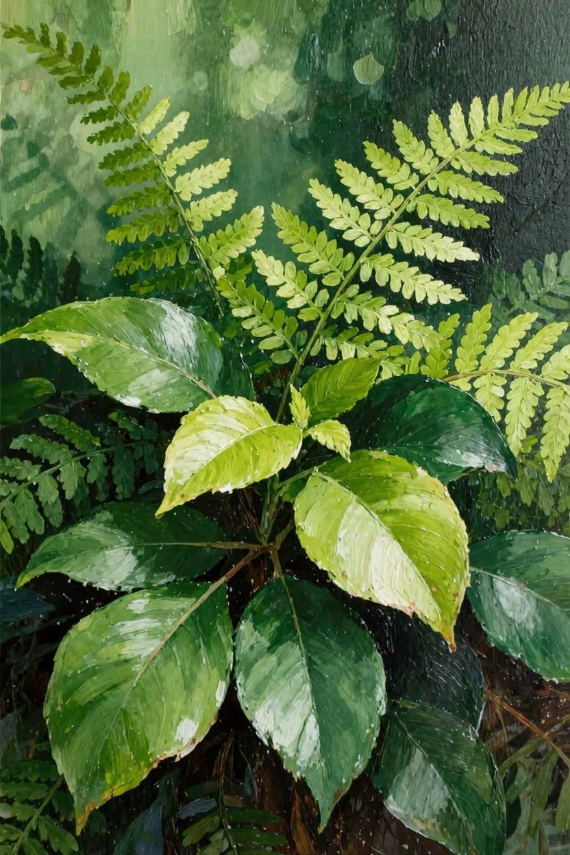 Oil painting of overlapping green ferns and broad variegated tropical leaves in a dewy jungle setting.