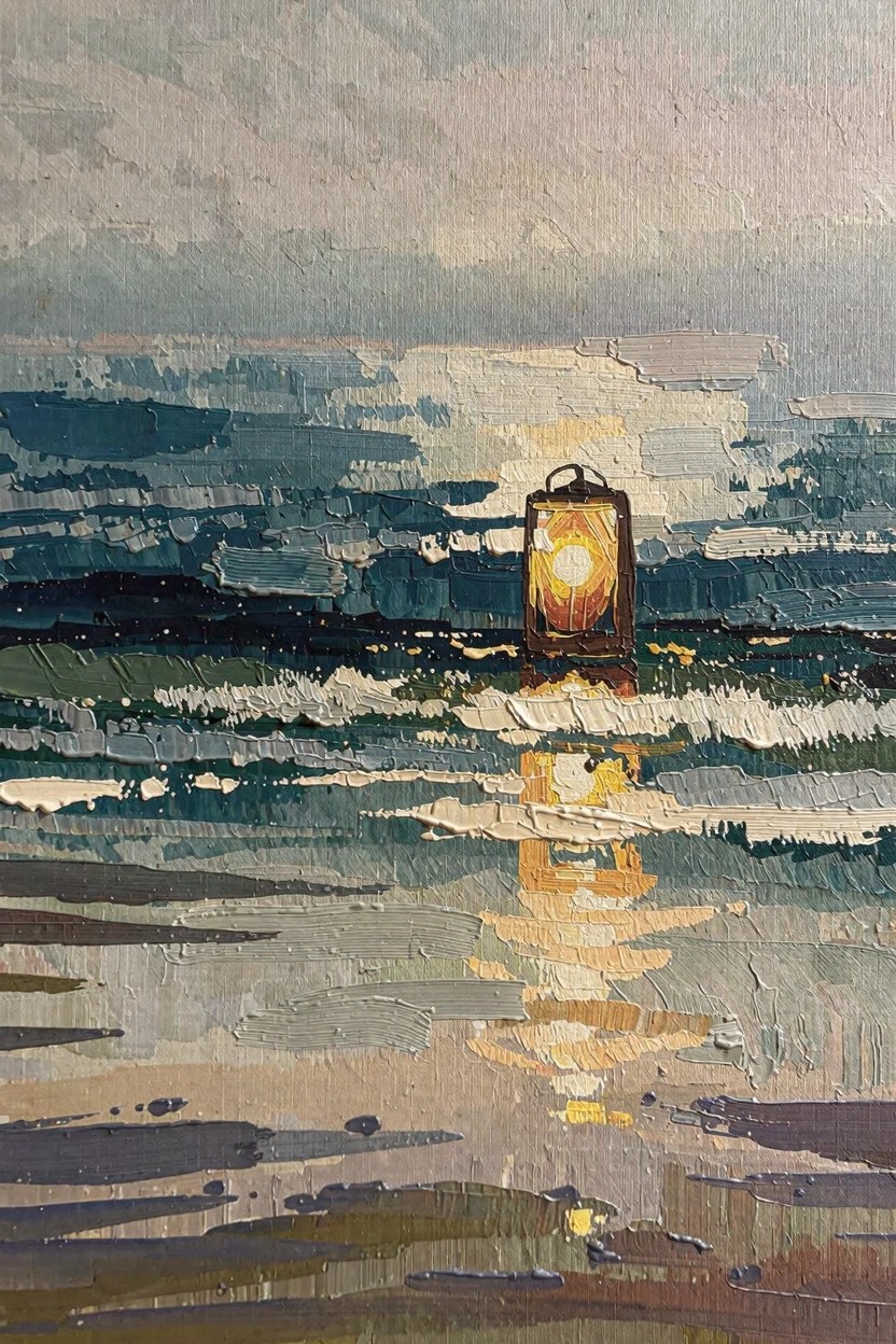 Oil painting of a lit lantern on a beach at dusk with dark waves, wet sand reflections, and cloudy sky.