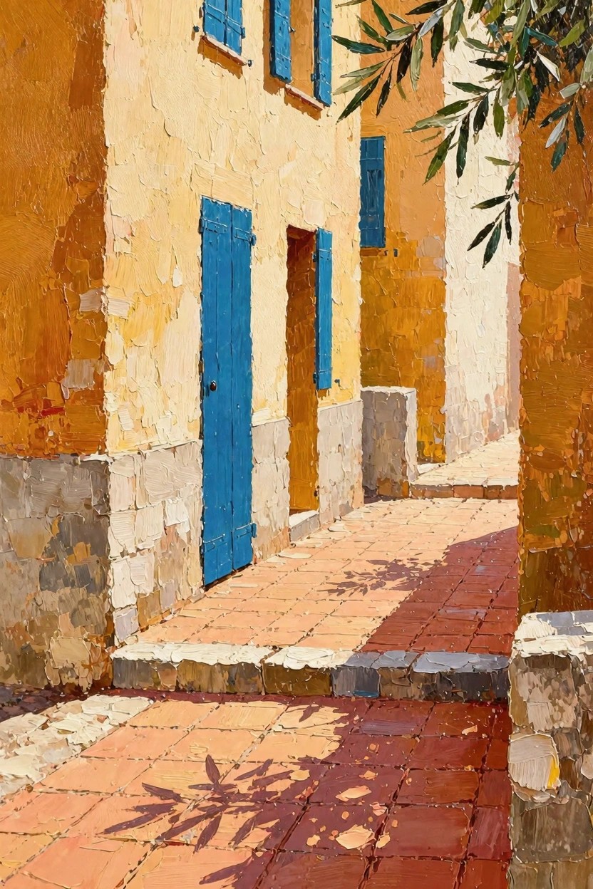 Oil painting of a narrow sunlit alley flanked by textured ochre walls with blue shutters, terracotta tiles, and overhanging olive branches casting shadows.