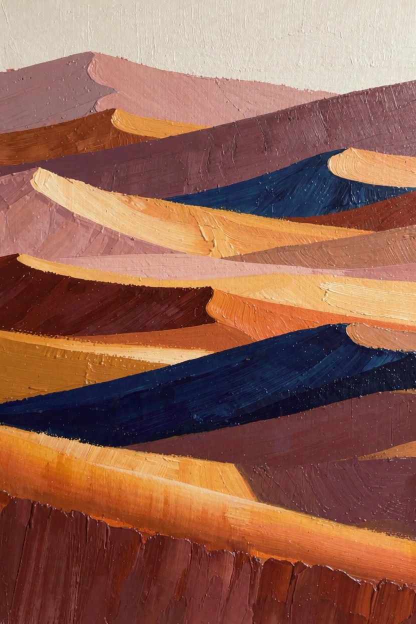 Oil painting of abstract rolling sand dunes using thick layers of pink, purple, orange, yellow, brown, and blue.