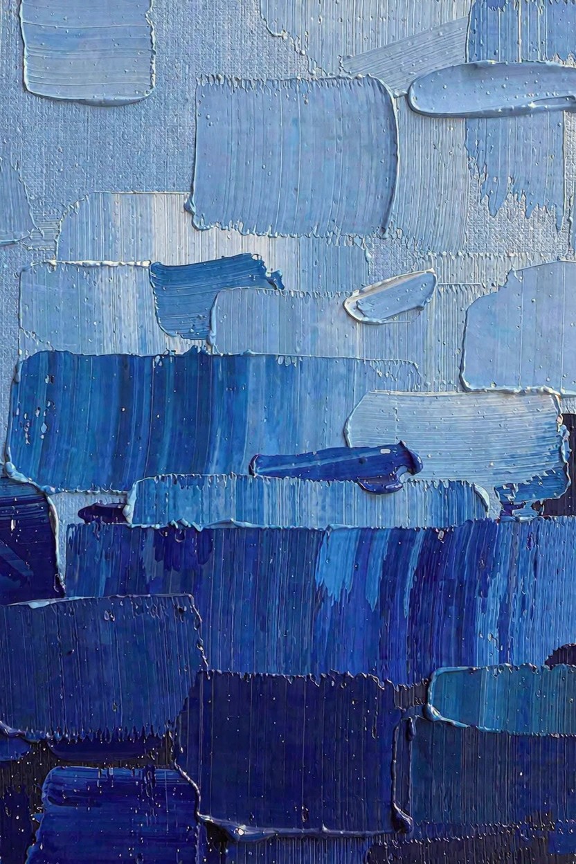Abstract oil painting of layered thick blue brushstrokes in varying shades from light to dark.