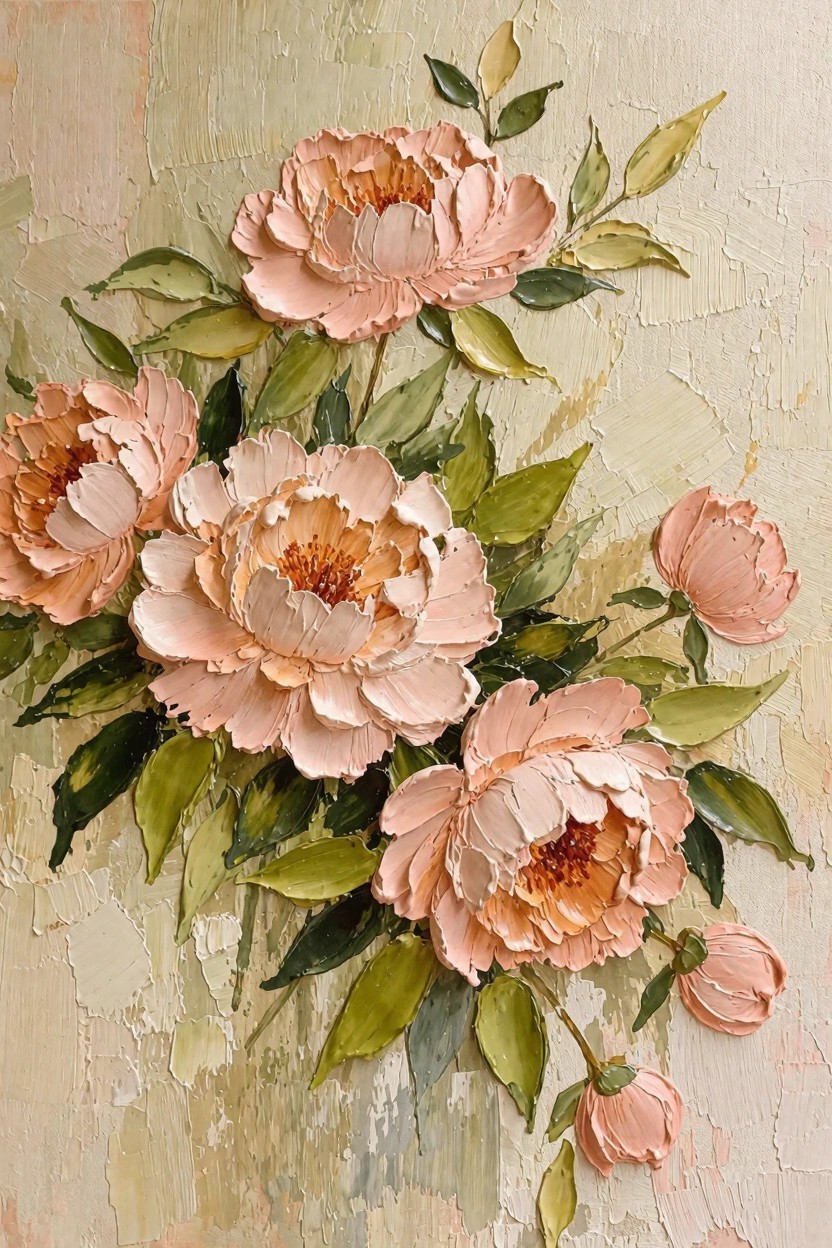 Oil painting of clustered peony flowers in peach and pink tones with green leaves on a textured pale background.