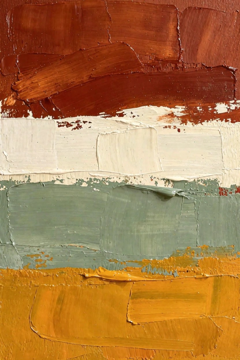 Abstract oil painting with four horizontal bands of reddish-brown, off-white, greenish-teal, and yellowish paint in thick textured strokes.