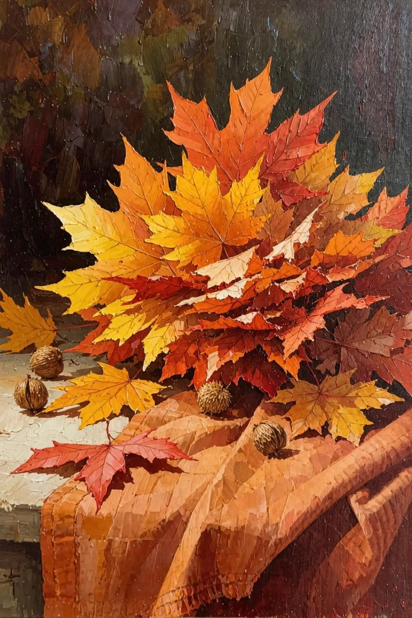 Oil painting of clustered red, orange, and yellow maple leaves with acorns on an orange cloth against a dark background.