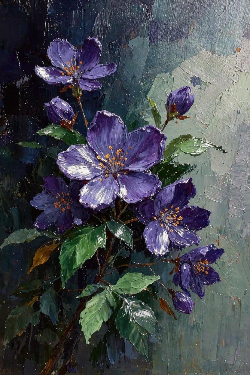 Oil painting of purple flowers with yellow centers, green leaves, stems, and buds on a dark textured teal-gray background.