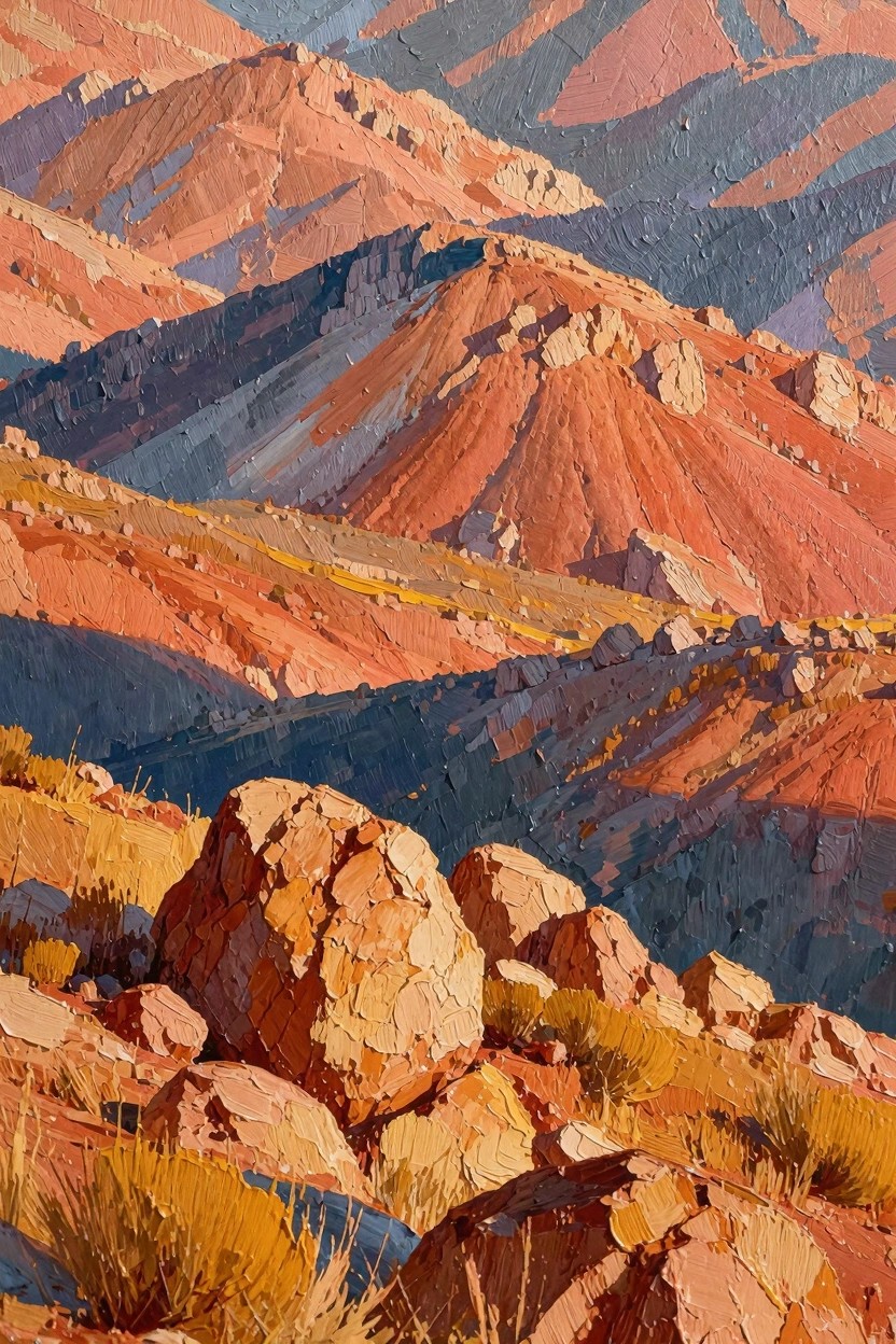 Oil painting of desert landscape featuring textured red rock formations, layered ridges, and golden grasses under dramatic sunset lighting.