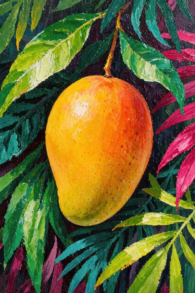 Oil painting of a single orange mango dangling from a branch amid lush green and magenta tropical leaves with textured brushwork.