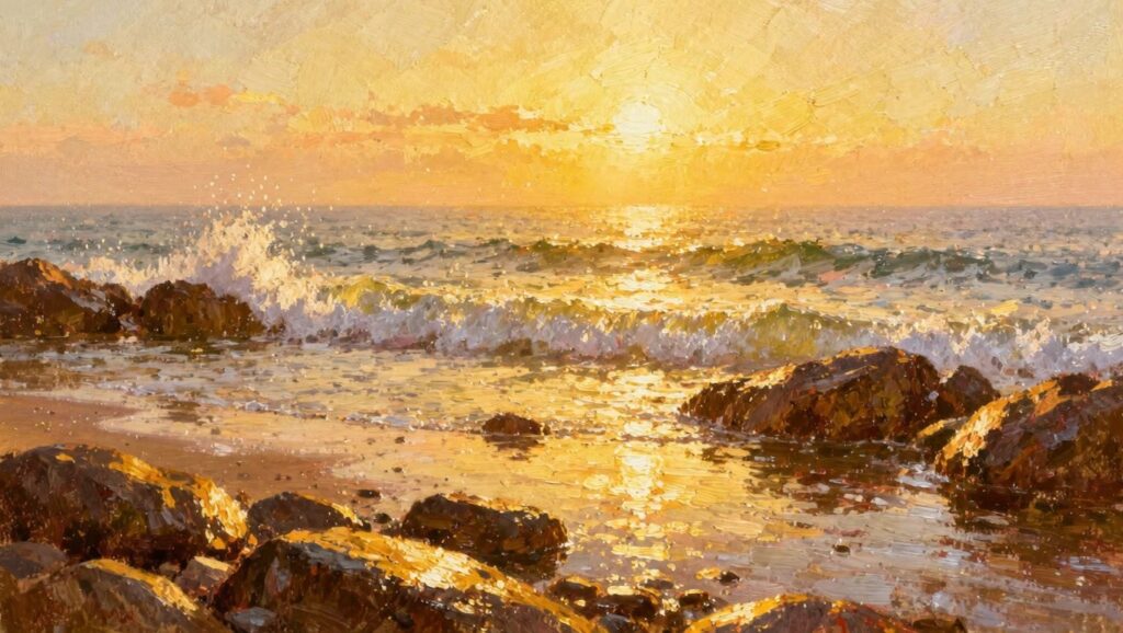25 Radiant Sunrise Oil Painting Ideas With Glowing Light Effects Oil painting of orange sunrise reflecting on turquoise ocean waves with dark rocks in the shallow foreground.