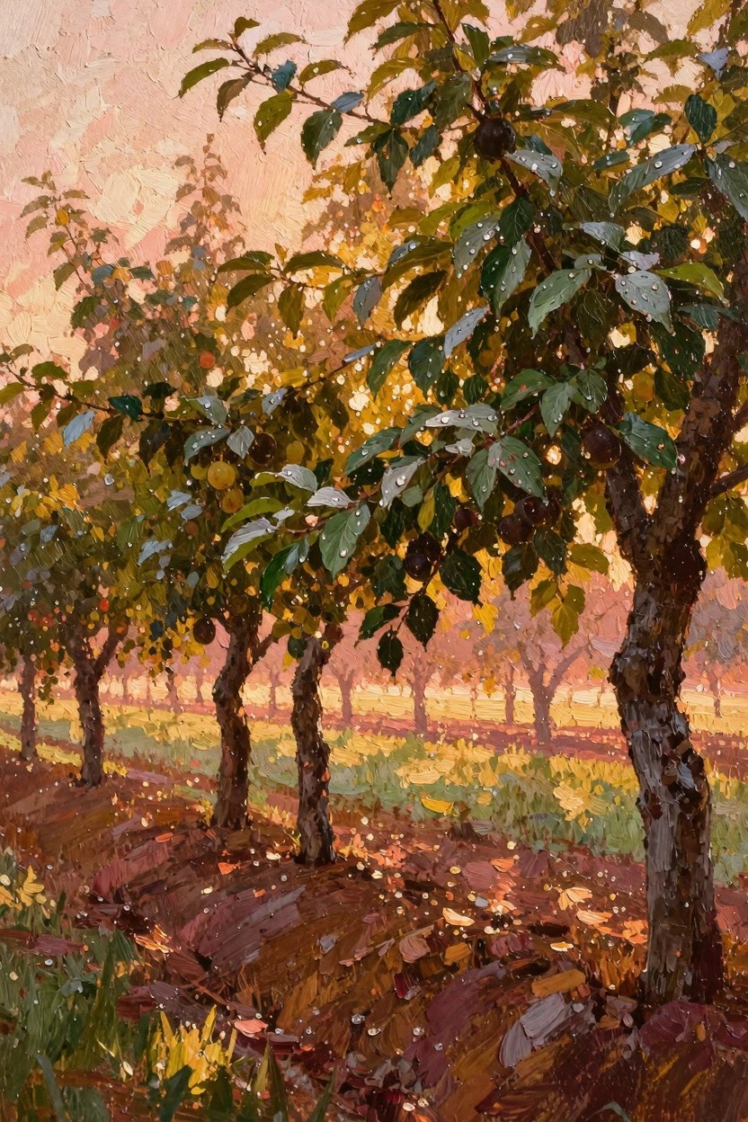 Oil painting of dew-covered plum trees in a row, with ripe fruit on branches and warm sunrise light glowing through the orchard.