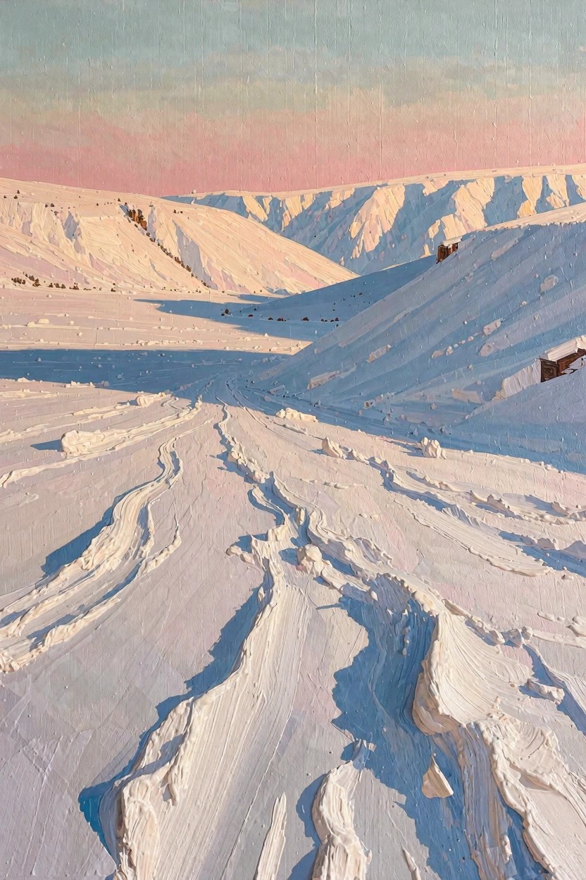 Oil painting of snow-covered mountain valley with winding path, pink sunrise sky, and glowing light on ridges.