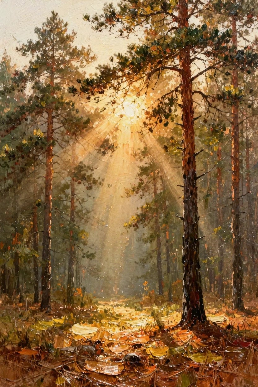 Oil painting depicting tall pine trees in a forest with golden sun rays filtering through the canopy onto the leaf-covered ground.