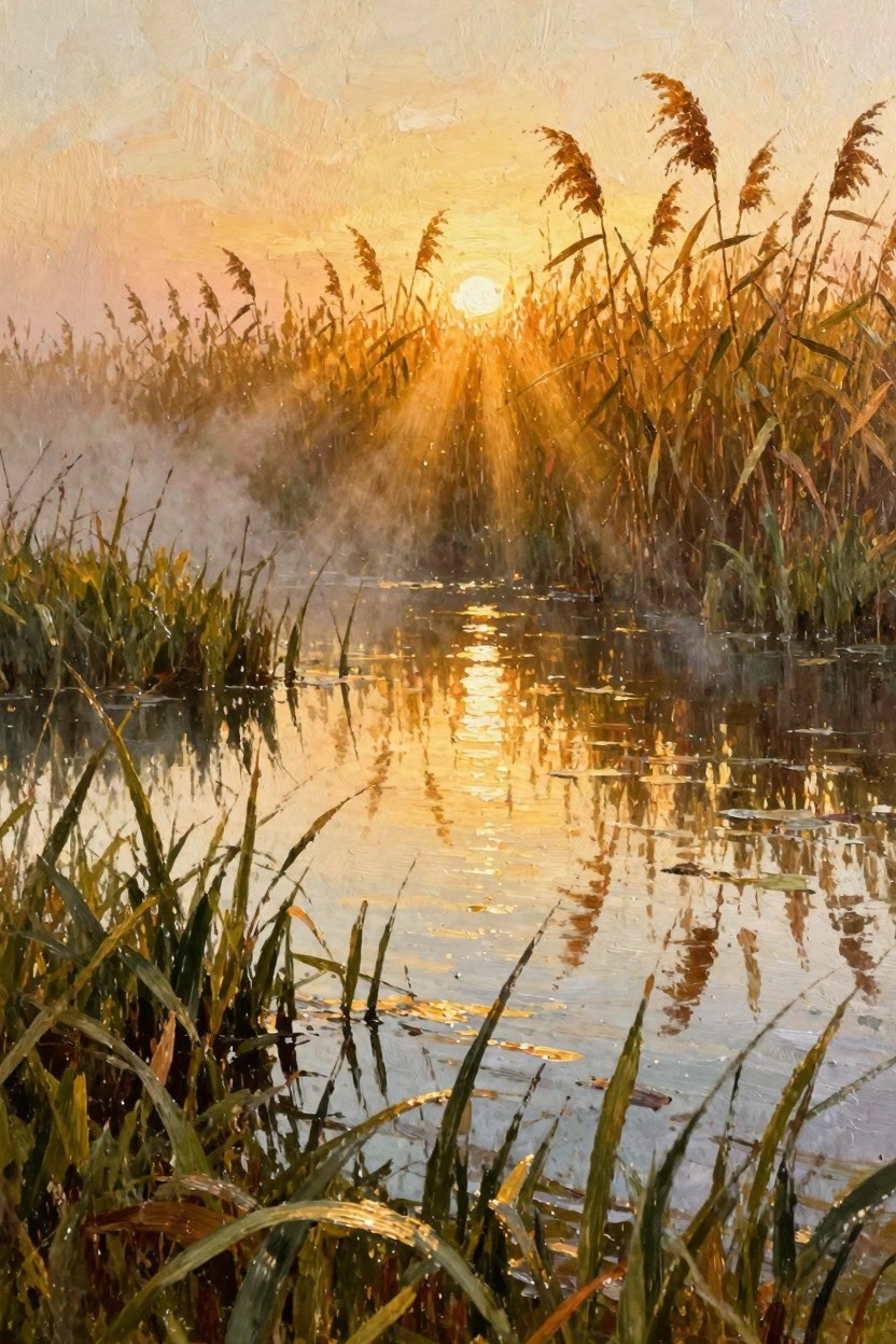 Oil painting of golden sunrise rays filtering through tall reeds over misty water with reflections.
