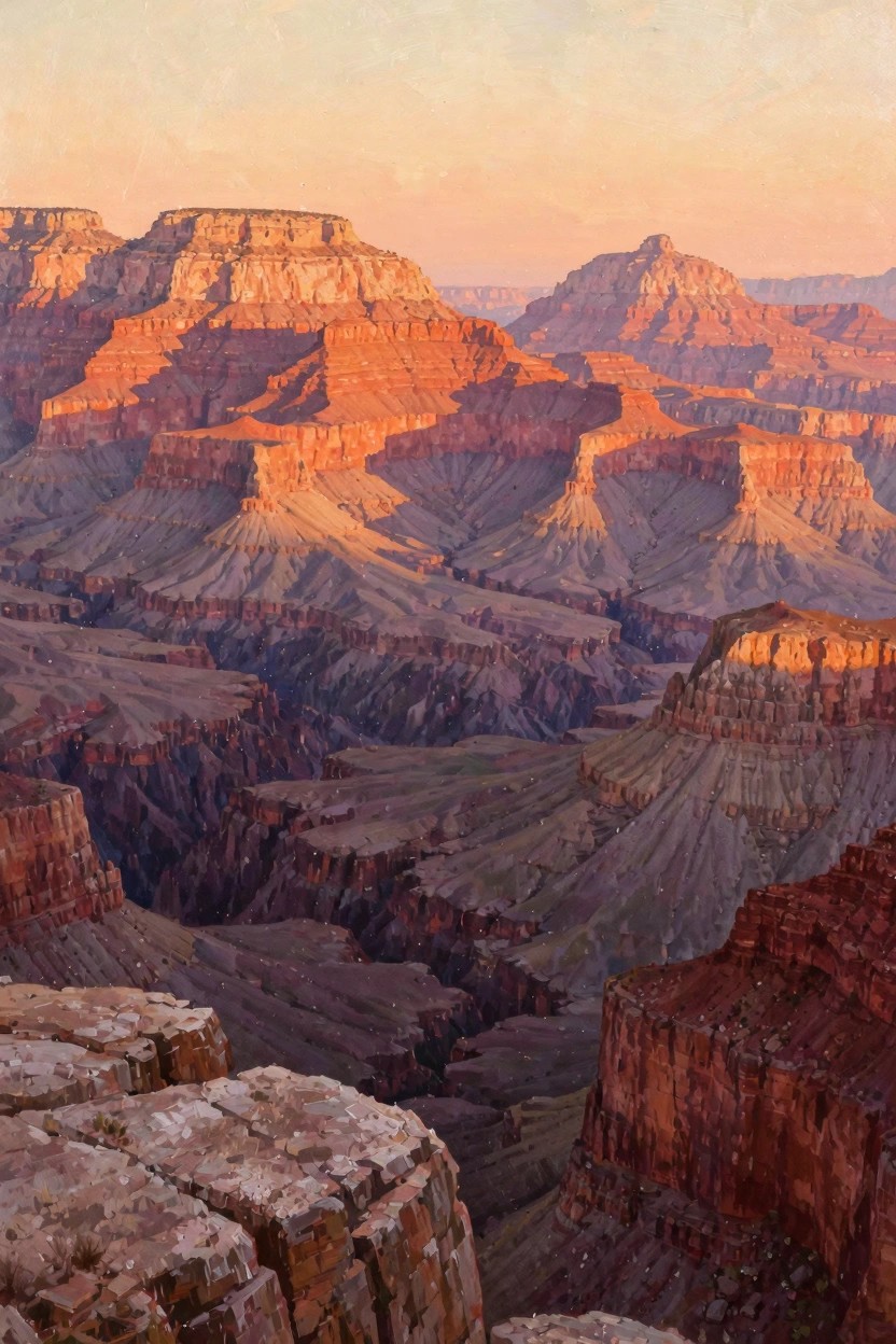 Oil painting of Grand Canyon rock layers at sunrise with glowing orange light on red cliffs and shadowed depths.