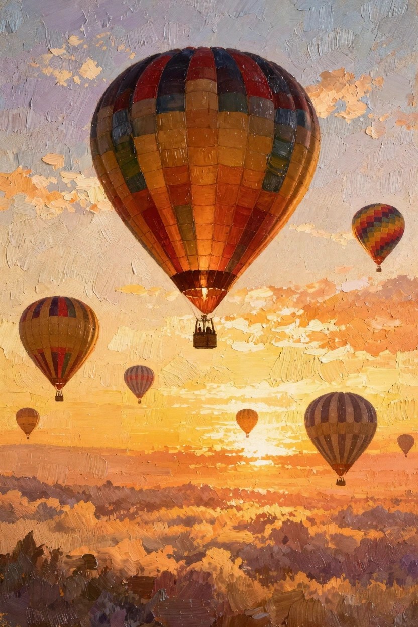 Oil painting of multiple colorful hot air balloons floating above hills in a glowing orange and purple sunrise sky.