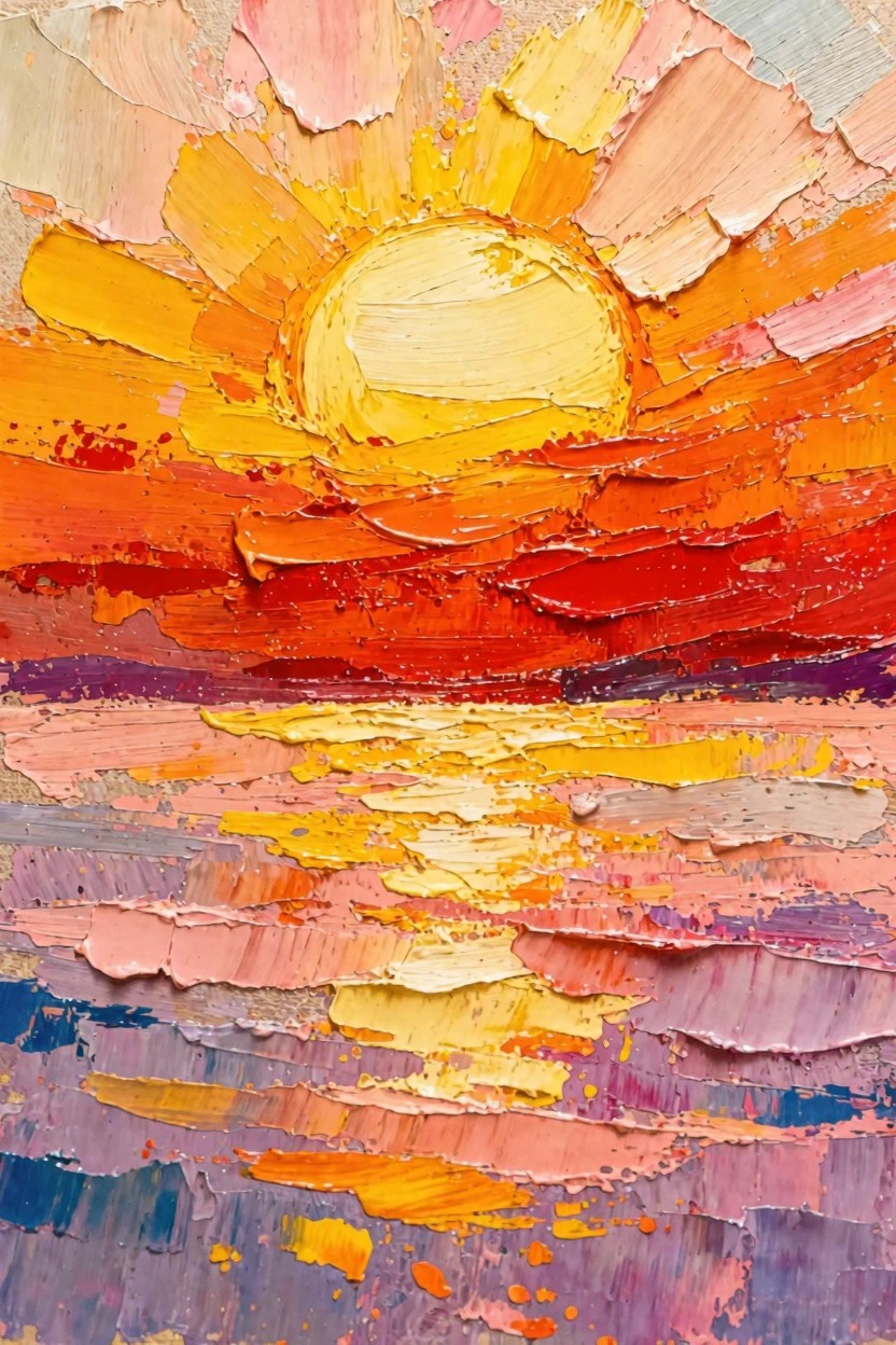 Impasto oil painting of a bright yellow-orange sunrise over textured water with purple-pink reflections and a red-orange horizon.