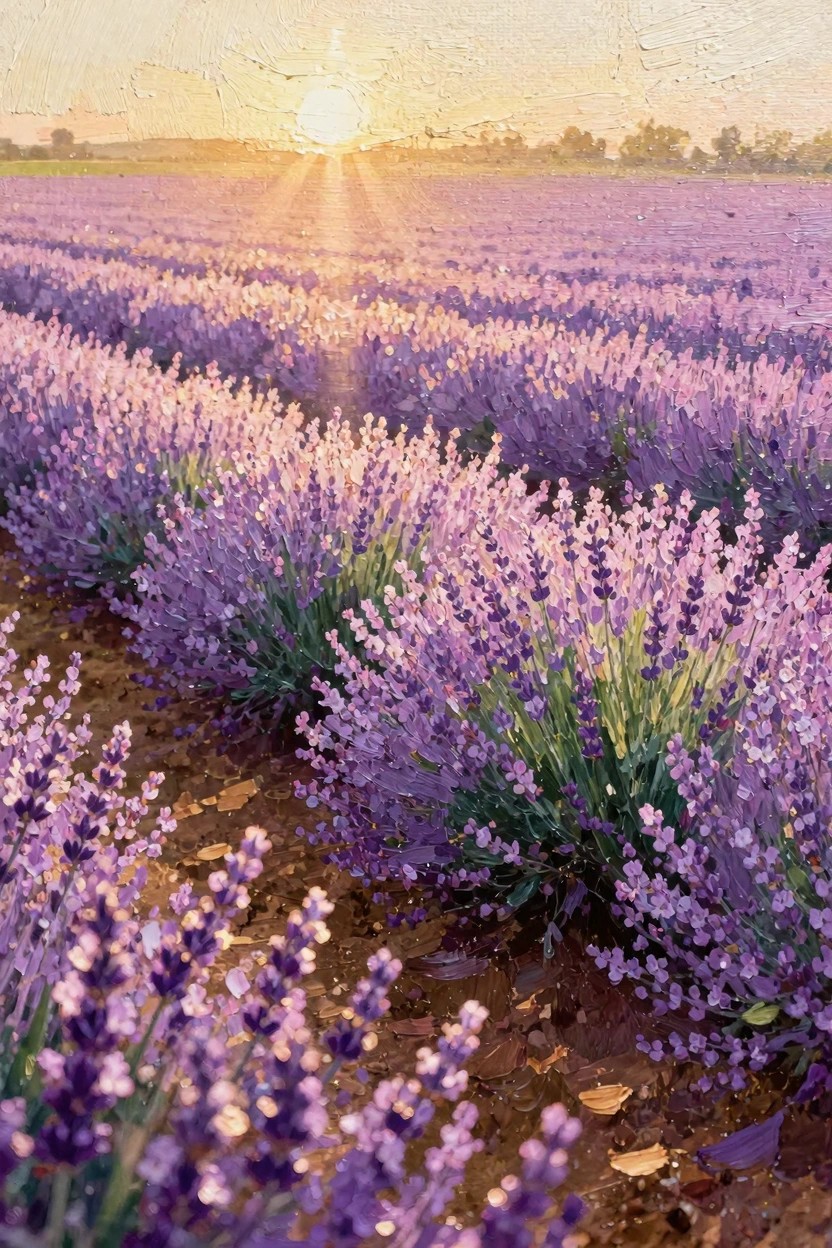 Oil painting of purple lavender fields at sunrise with golden sun rays piercing through rows toward distant hills.