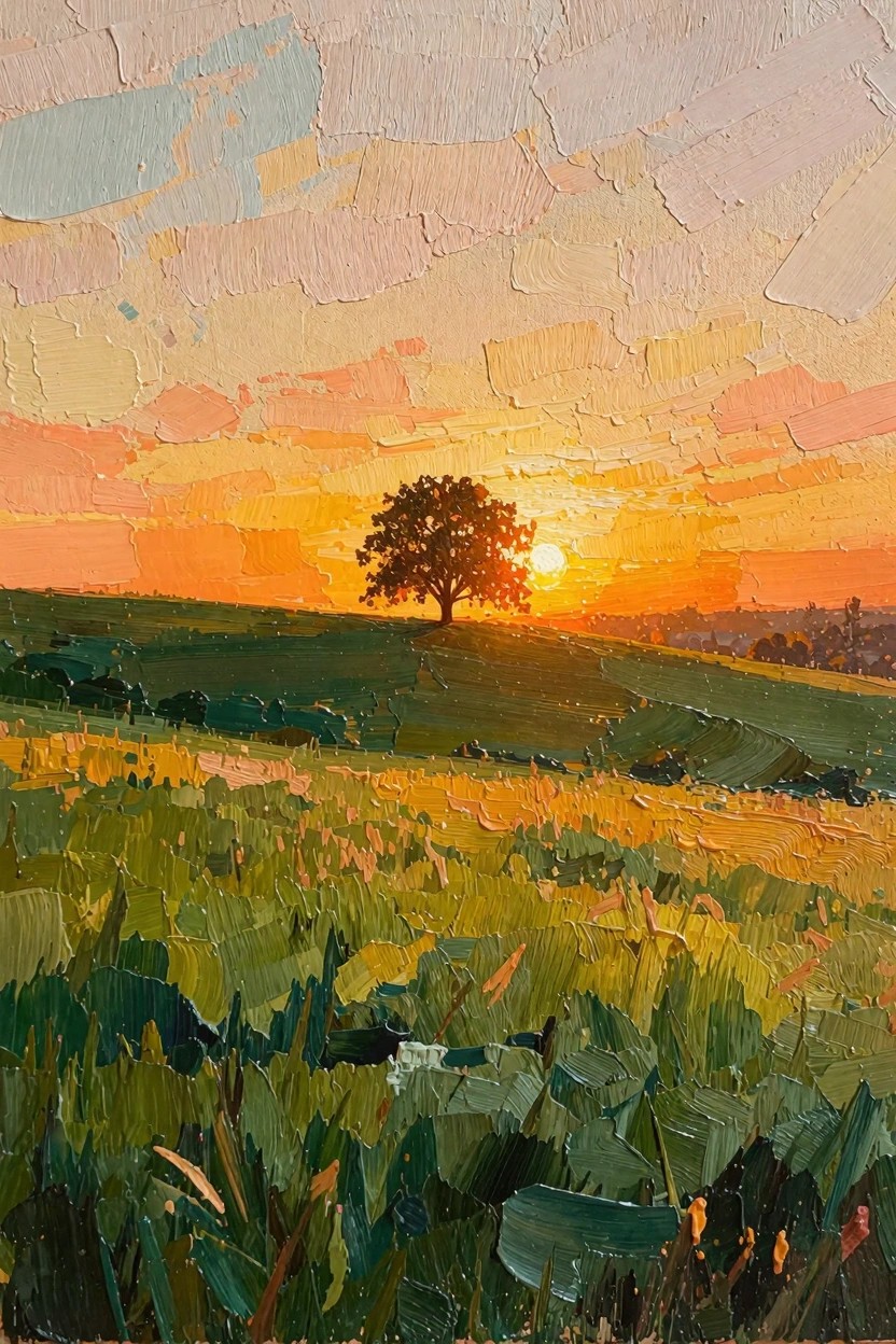 Oil painting of a dark tree on a green hill silhouetted against an orange sun, with textured green and gold fields and a pink-orange sky.