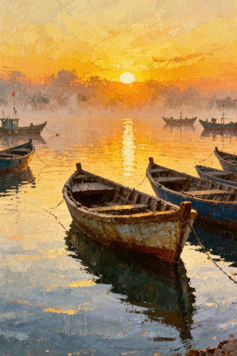 Oil painting of wooden boats moored on misty water reflecting a glowing orange sunrise.