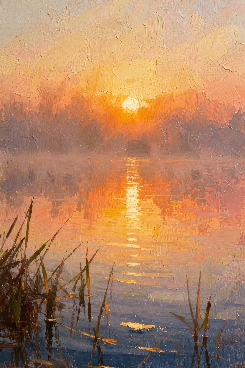 Oil painting of a glowing orange sunrise reflecting across misty lake water, with dark reeds in the foreground and distant trees.