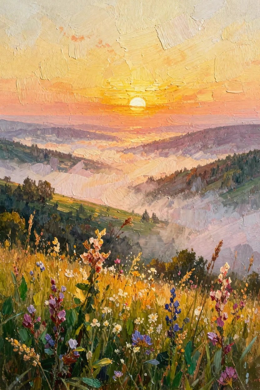 Oil painting of golden sunrise over misty green valleys and hills with colorful wildflowers and grasses in the foreground.