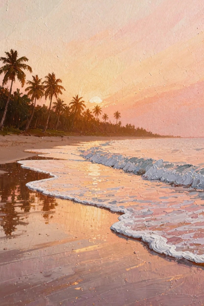 Textured oil painting of a tropical beach at sunrise with silhouetted palm trees, foam-topped waves on wet sand, and a glowing sun in a pink-orange sky.