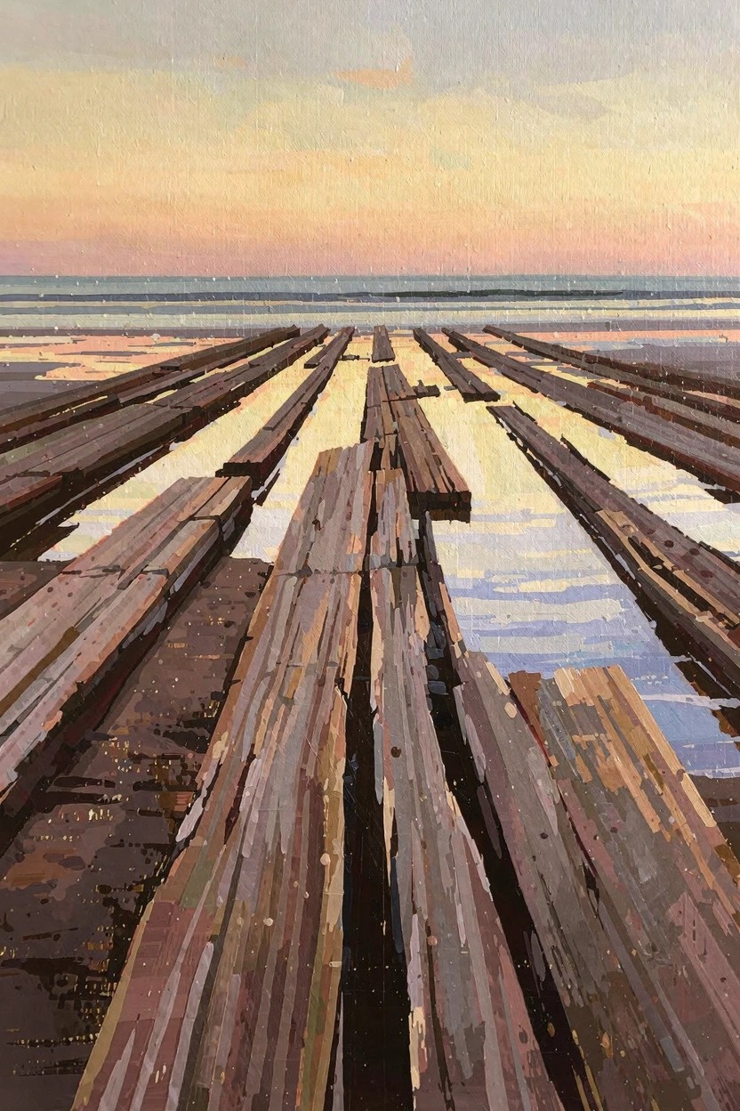 Oil painting of rows of weathered wooden pilings in mudflats and shallow water at low tide, viewed from low angle toward a warm sunrise horizon.