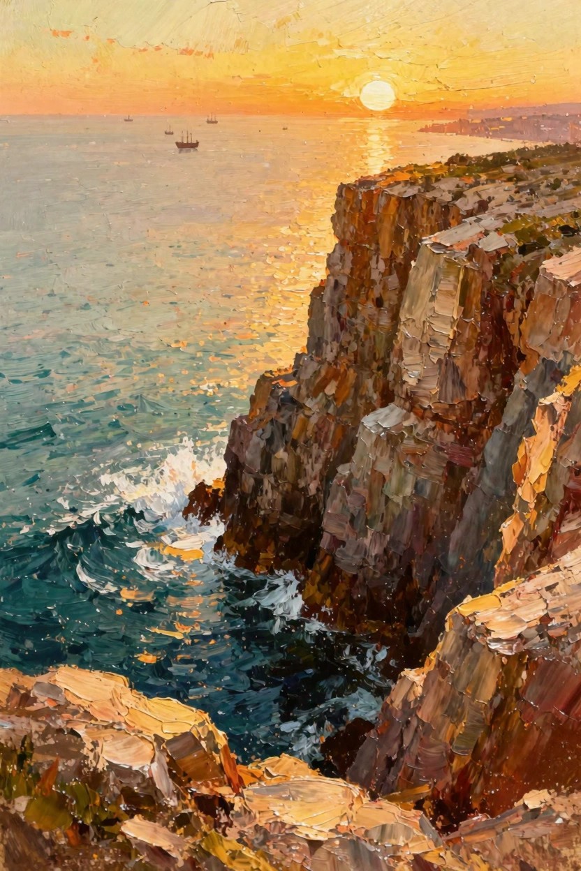 Oil painting of rugged orange cliffs overlooking a glowing sunset sea with crashing waves, distant ships, and a large sun on the horizon.