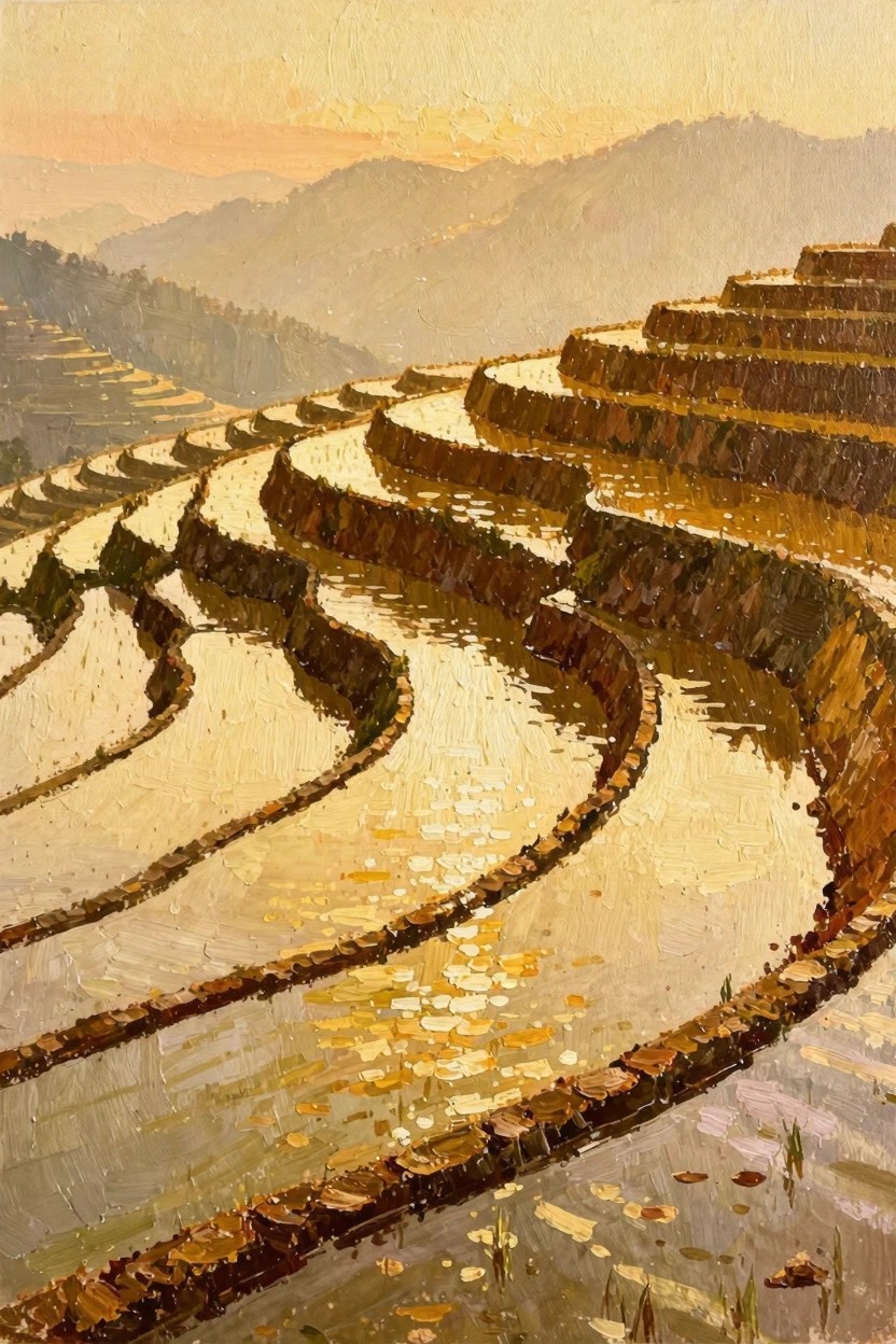 Oil painting of terraced rice fields cascading down mountains at sunrise with golden light reflecting on the water surfaces.