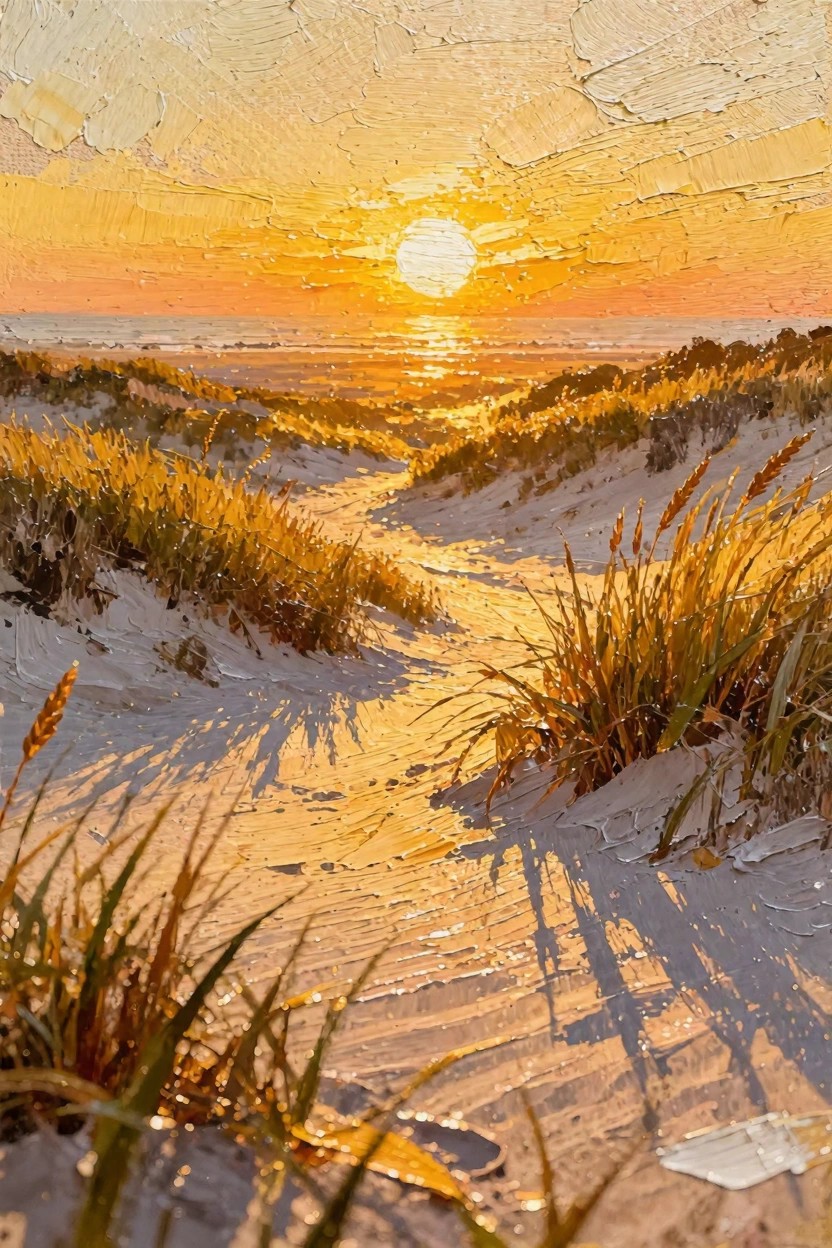 Oil painting of a sandy path winding through beach dunes and tall grasses toward a glowing sunrise over the ocean.