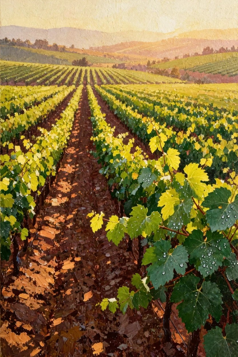 Oil painting of sunlit vineyard rows on rolling hills with a central dirt path and distant mountains.