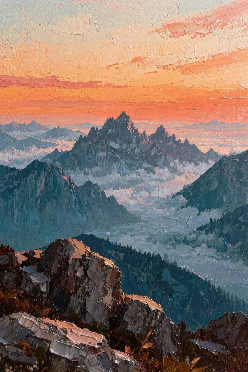 Oil painting of jagged mountains under orange sunset sky with mist in valleys and rocky foreground.