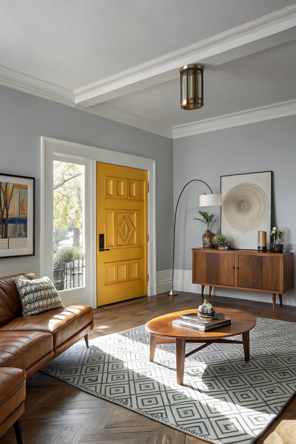 Light gray entry living room featuring a vibrant yellow paneled door, midcentury wood credenza and table, leather sofa, and woven wall art
