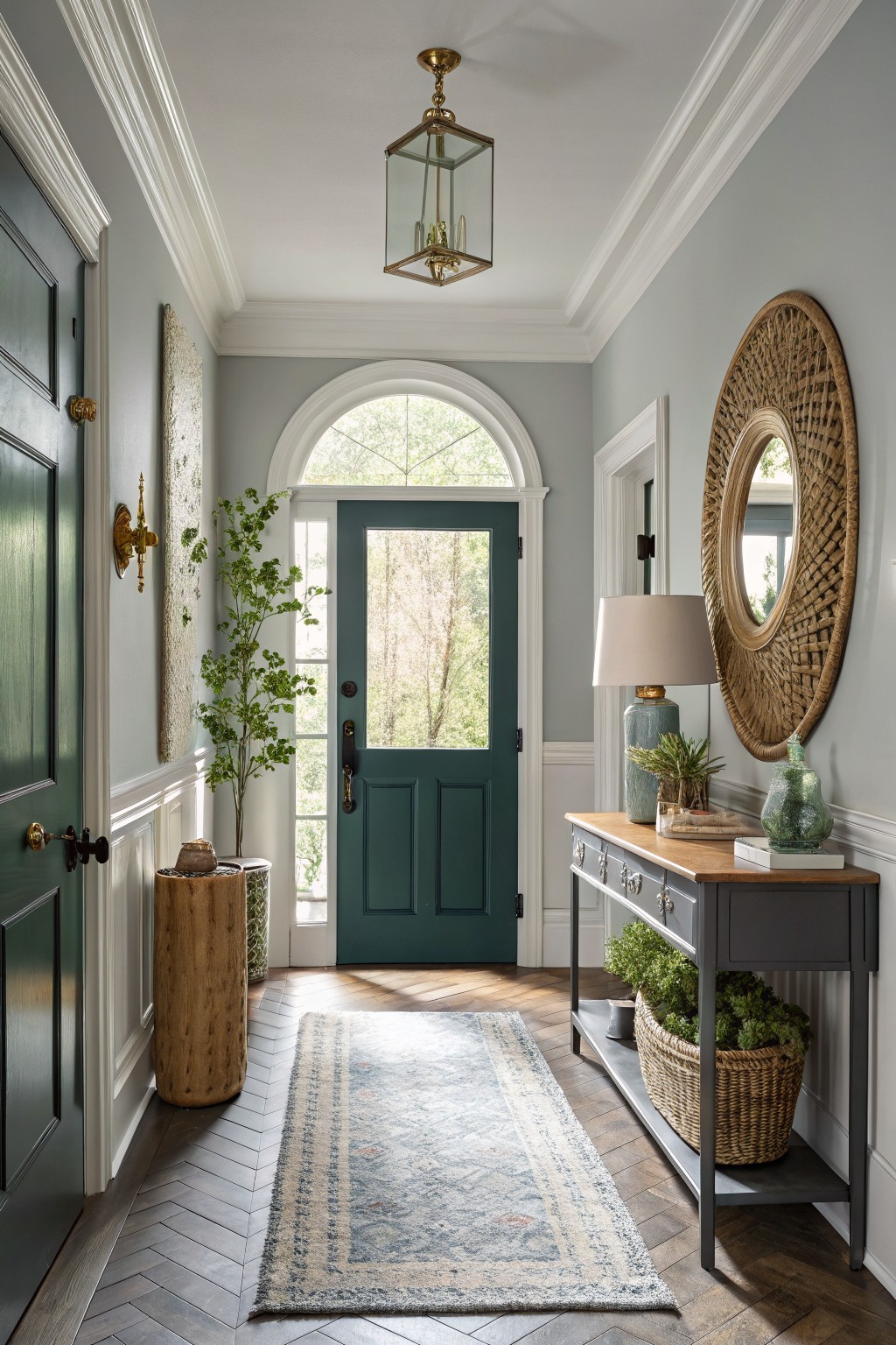 Light gray entry hallway with deep green front door, wood console table, rattan mirror, plants, and blue-gray runner rug