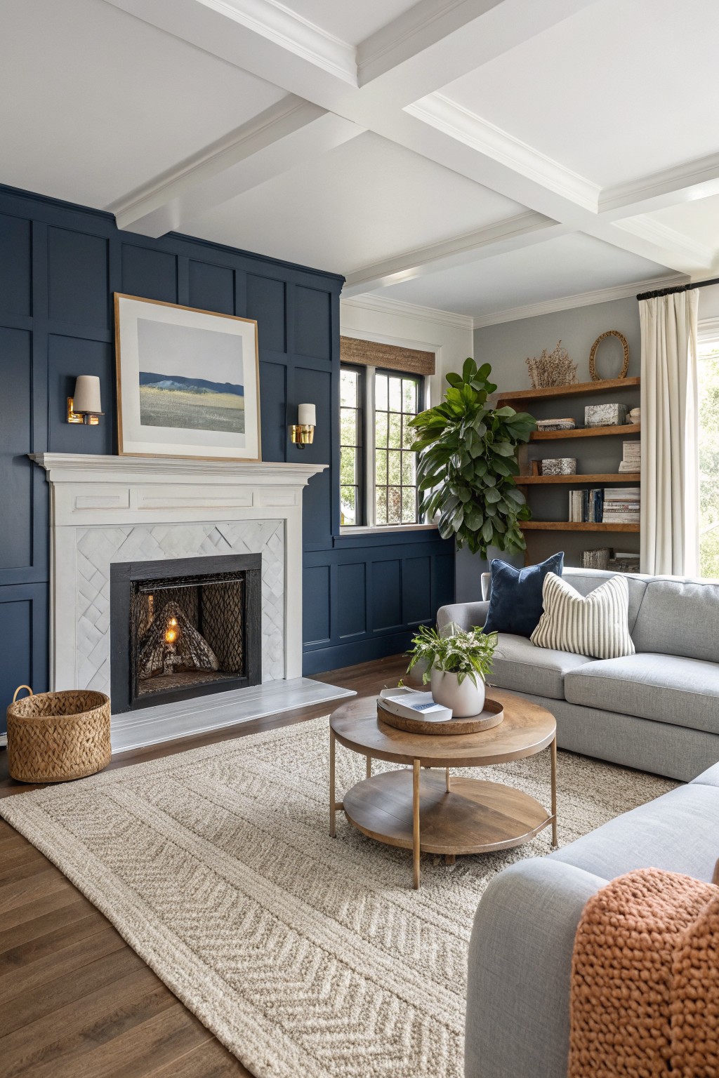 Living room with deep navy paneled accent wall behind white fireplace mantel, light gray sofa, wood floors, and natural light from windows
