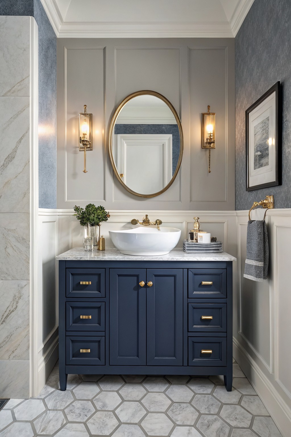 Elegant bathroom vanity in deep navy blue cabinets with gold hardware, set against light gray paneled walls and white wainscoting