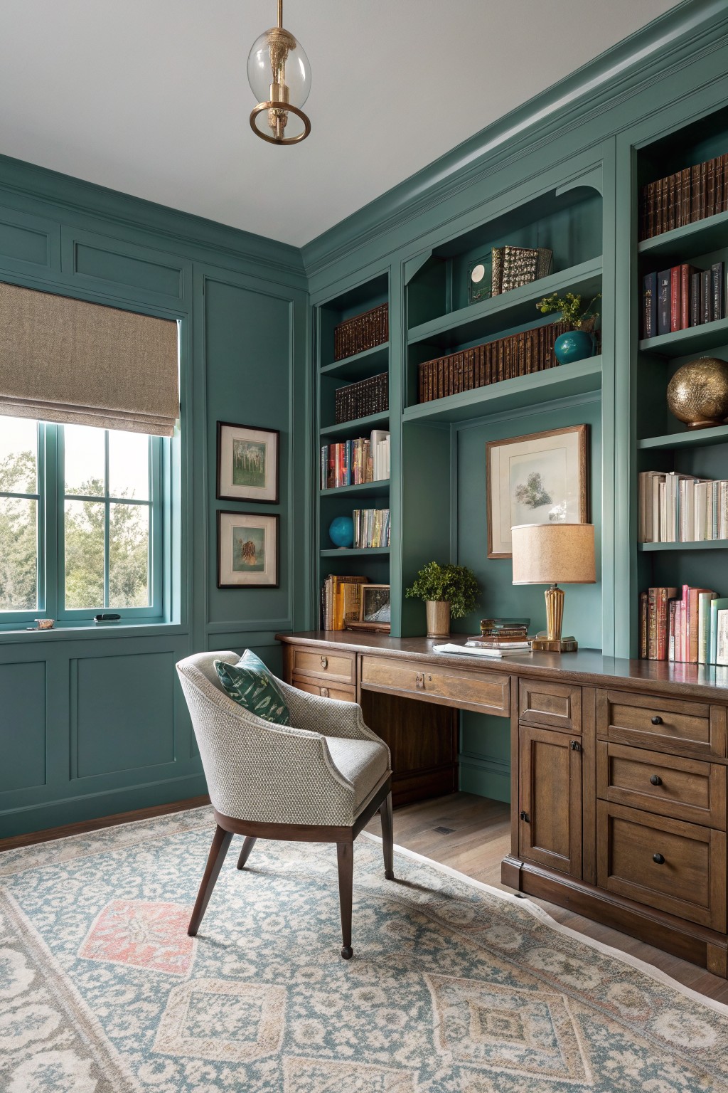 Home office with deep teal paneled walls, built-in bookshelves filled with books, wooden desk, and window light