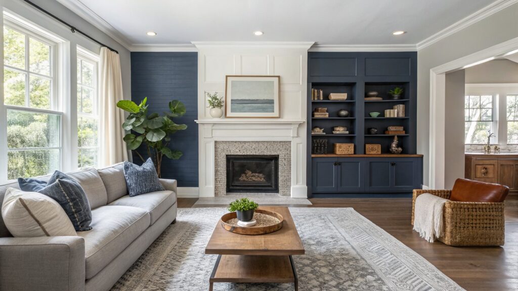 25 Smart Paint Colors That Go With Light Gray For Instant Harmony Living room with deep navy paneled accent wall behind white fireplace mantel, light gray sofa, wood floors, and natural light from windows