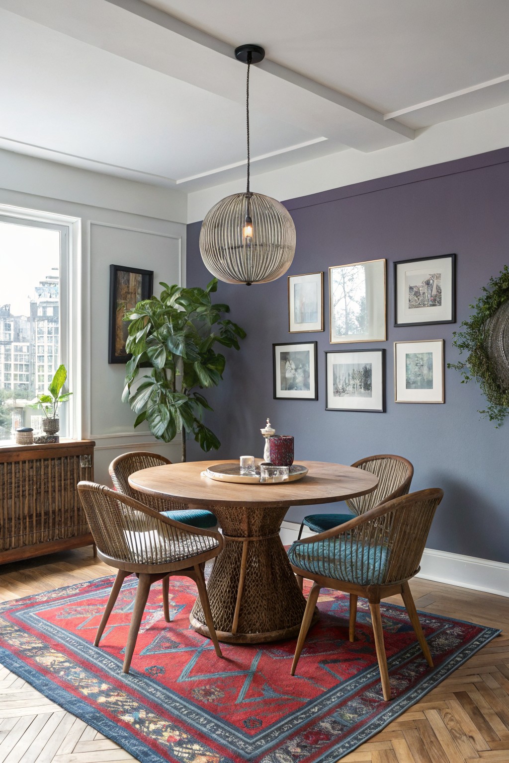 Dining nook with muted purple accent wall next to light gray trim, round wood pedestal table, rattan chairs with turquoise cushions, potted plants, and framed art gallery