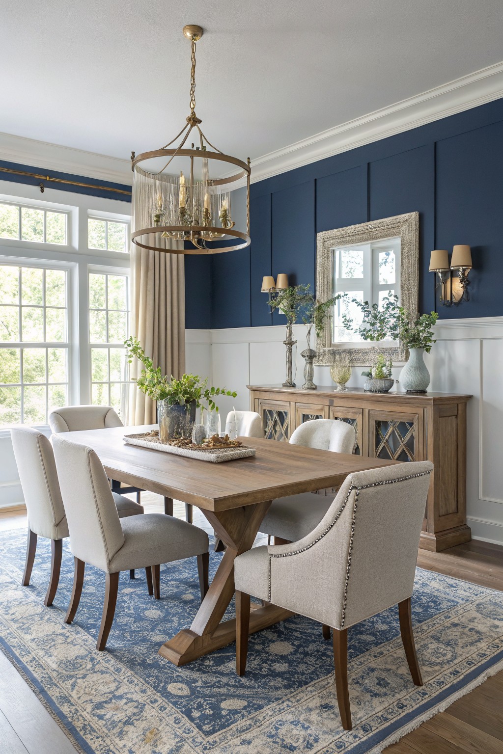 Dining room featuring deep navy accent wall with board-and-batten detailing, wooden farmhouse table, beige tufted chairs, brass chandelier, and blue Persian rug