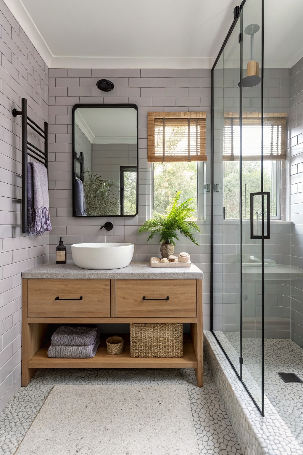 Cozy modern bathroom featuring pale gray subway tile walls, warm wood vanity with white vessel sink, glass shower enclosure, potted ferns, and woven baskets for towels