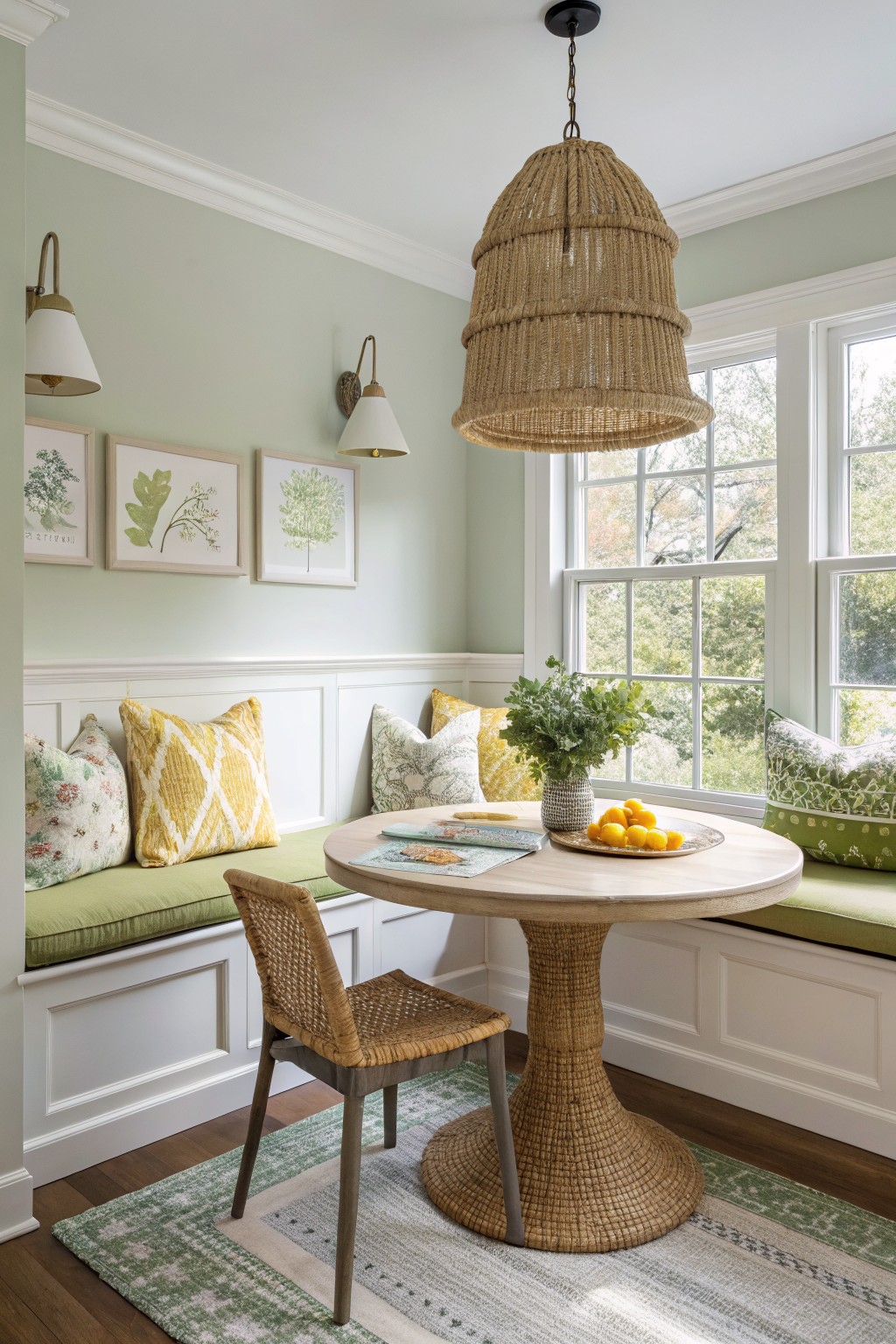 Cozy window seat nook with pale sage green walls, white wainscoting, round rattan table, green cushions, and large sunny windows