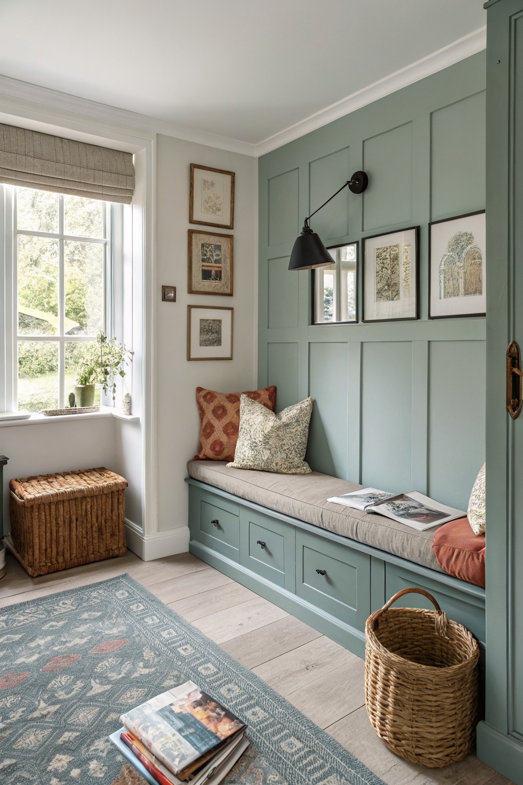 Pale sage green paneled walls in a sunny reading nook with cushioned bench, orange pillows, and botanical prints