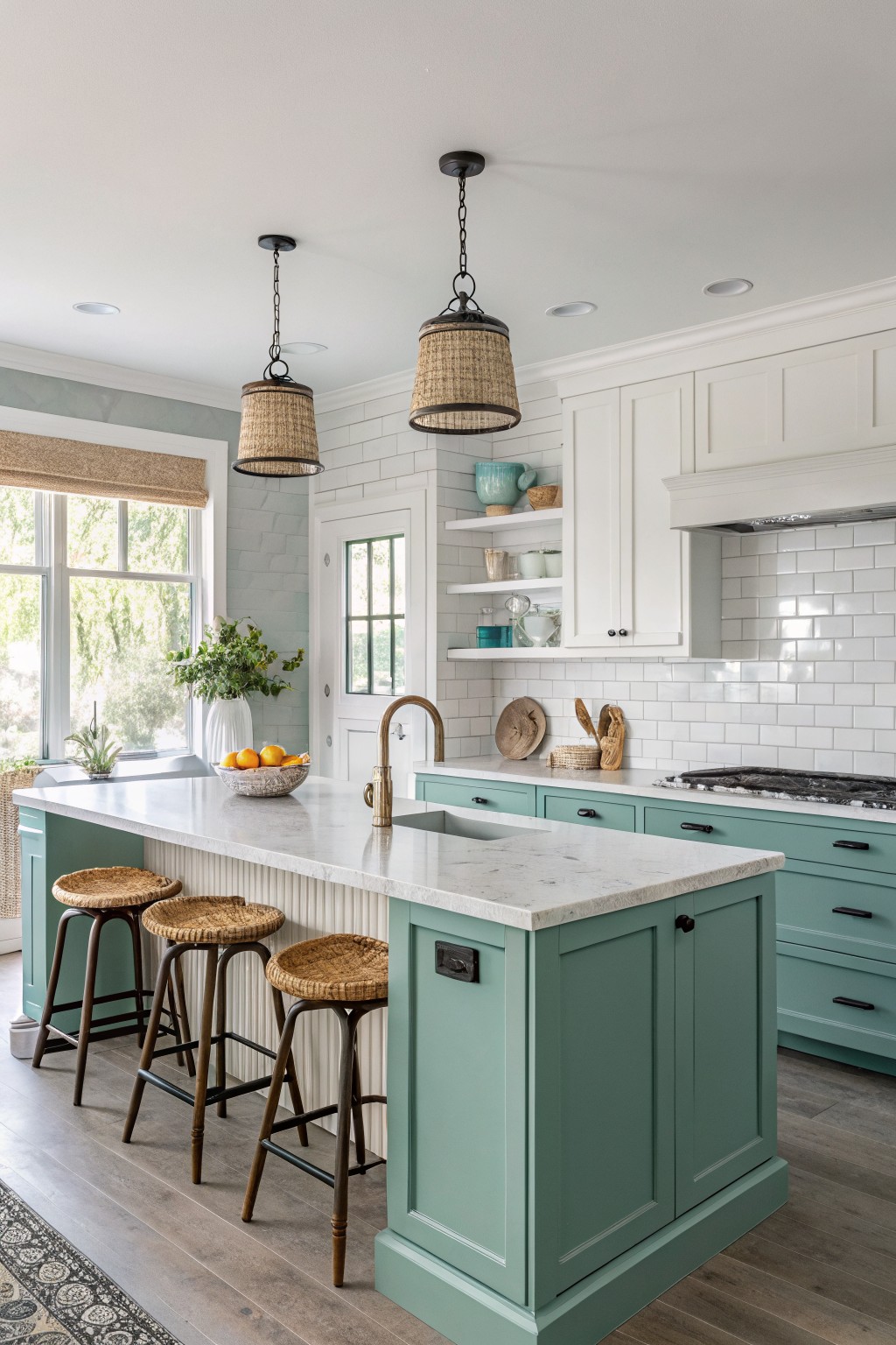 Soft pale teal cabinets on kitchen island with woven stools and white subway backsplash