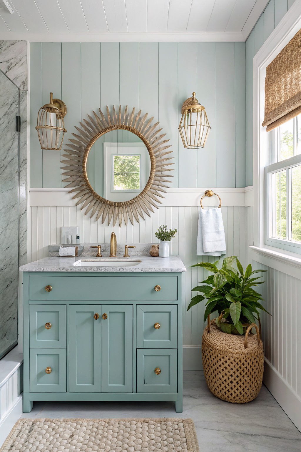 Coastal bathroom featuring pale teal shiplap walls, matching teal vanity with gold pulls, large sunburst mirror, and light gray marble floor with seagrass rug