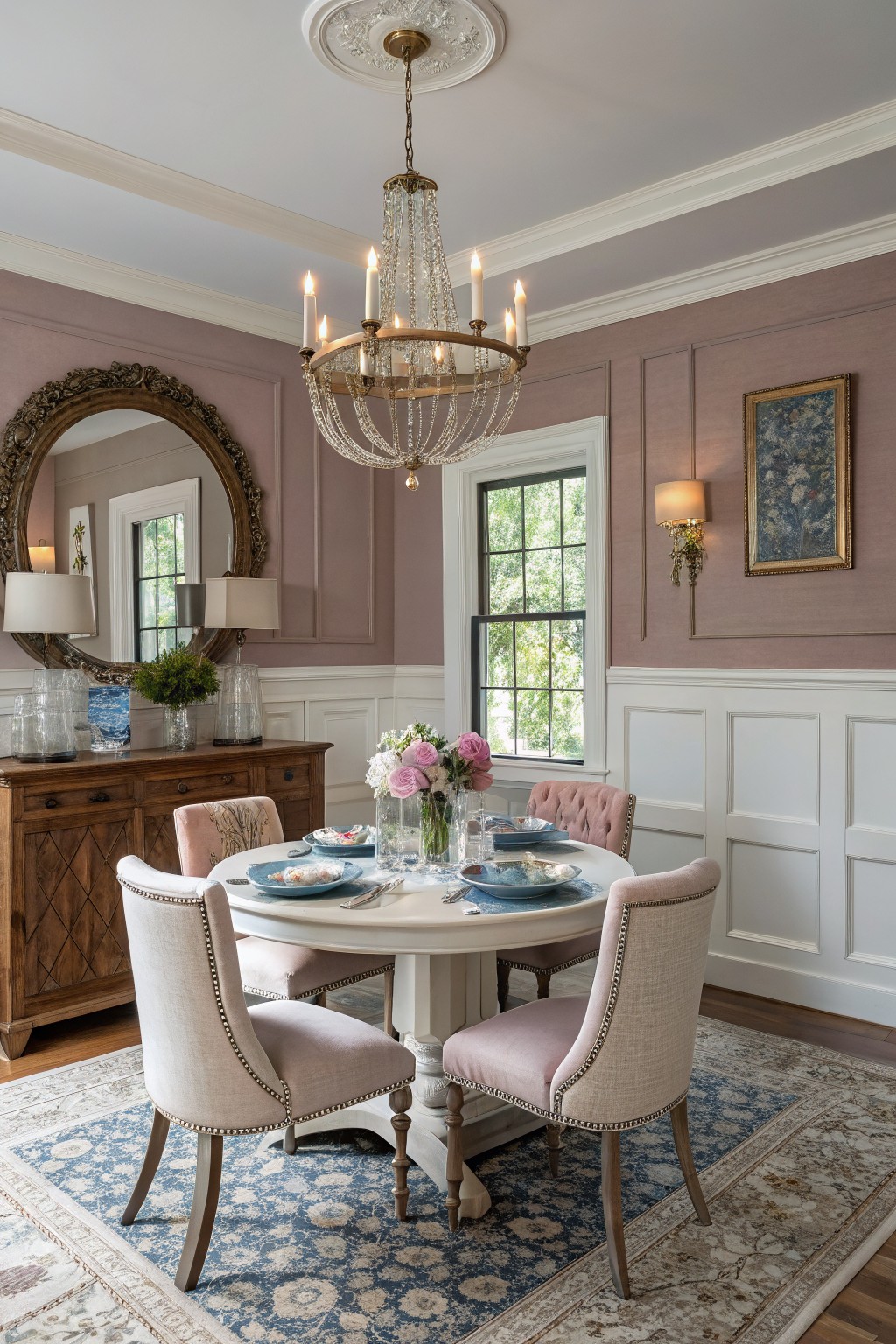 Dining room with soft blush pink walls, white wainscoting, gold-framed mirror, crystal chandelier, pink upholstered chairs, and wood buffet.