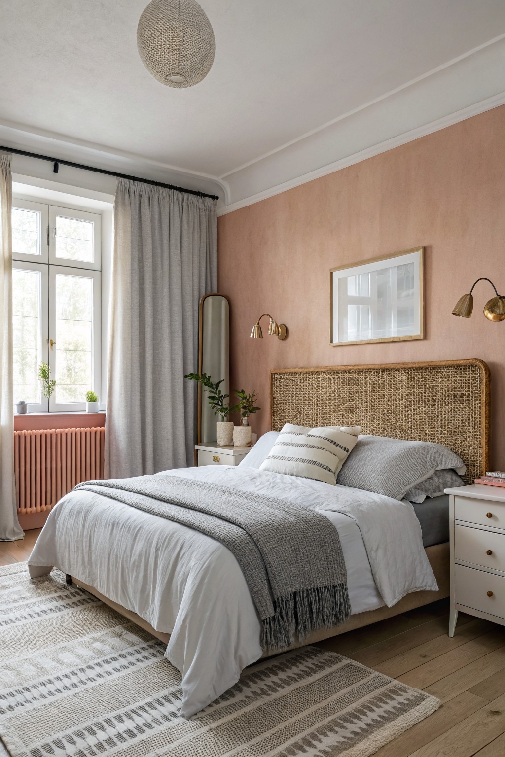 Bedroom interior with pale blush pink walls, rattan headboard, light gray linens, white nightstands, and beige rug on wood floors